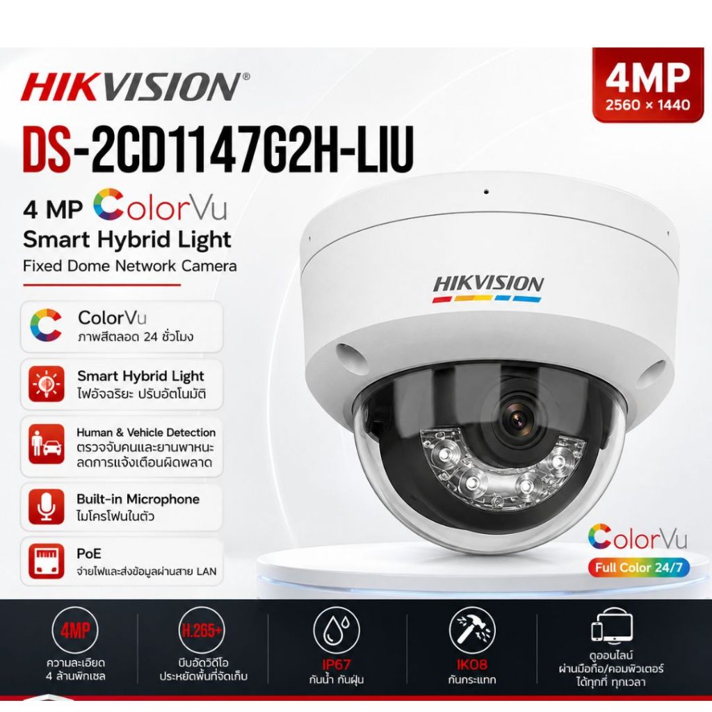 HIKVISION DS-2CD1147G2H-LIU กล้องวงจรปิด IP Camera 4MP ColorVu Smart Hybrid Light มีไมค์ในตัว PoE กันน้ำ IP67 Lens 4 mm
