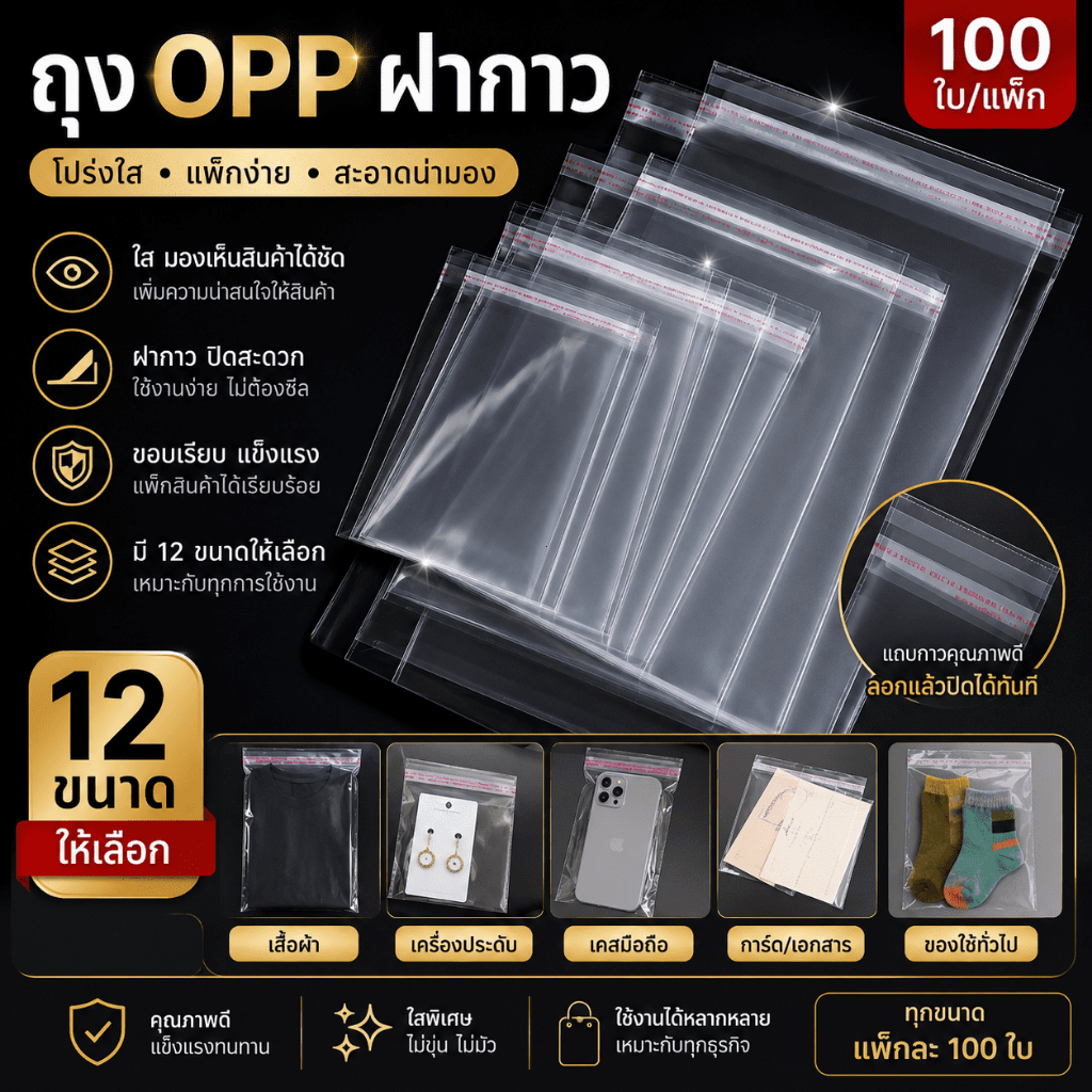 ถุง OPP ฝากาว ถุงใสแพ็กสินค้า 100 ใบ หลายขนาด สำหรับเสื้อผ้า การ์ด เครื่องประดับ และร้านค้าออนไลน์