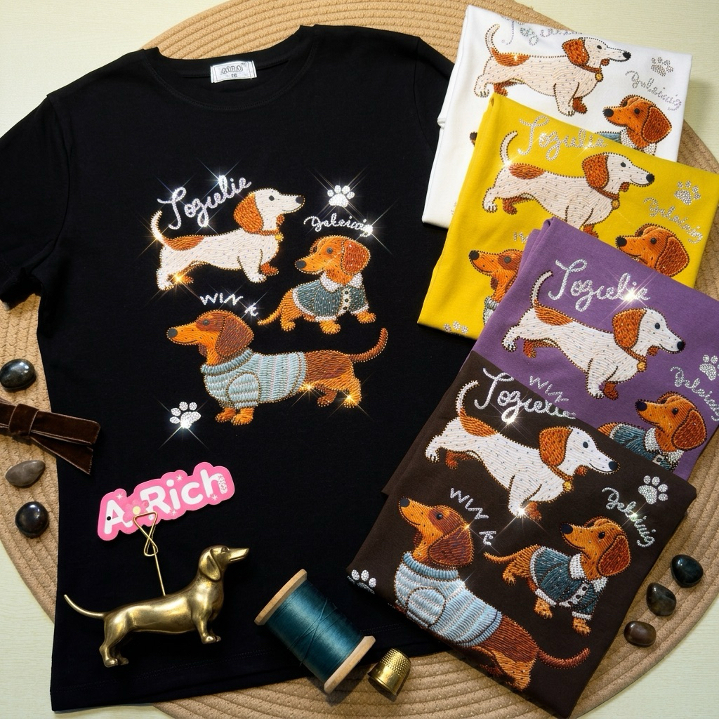 เสื้อยืดสกรีนรีดเพชรลายน้องหมา ผ้ายูนิโคล่ยืดนิ่มเด้ง