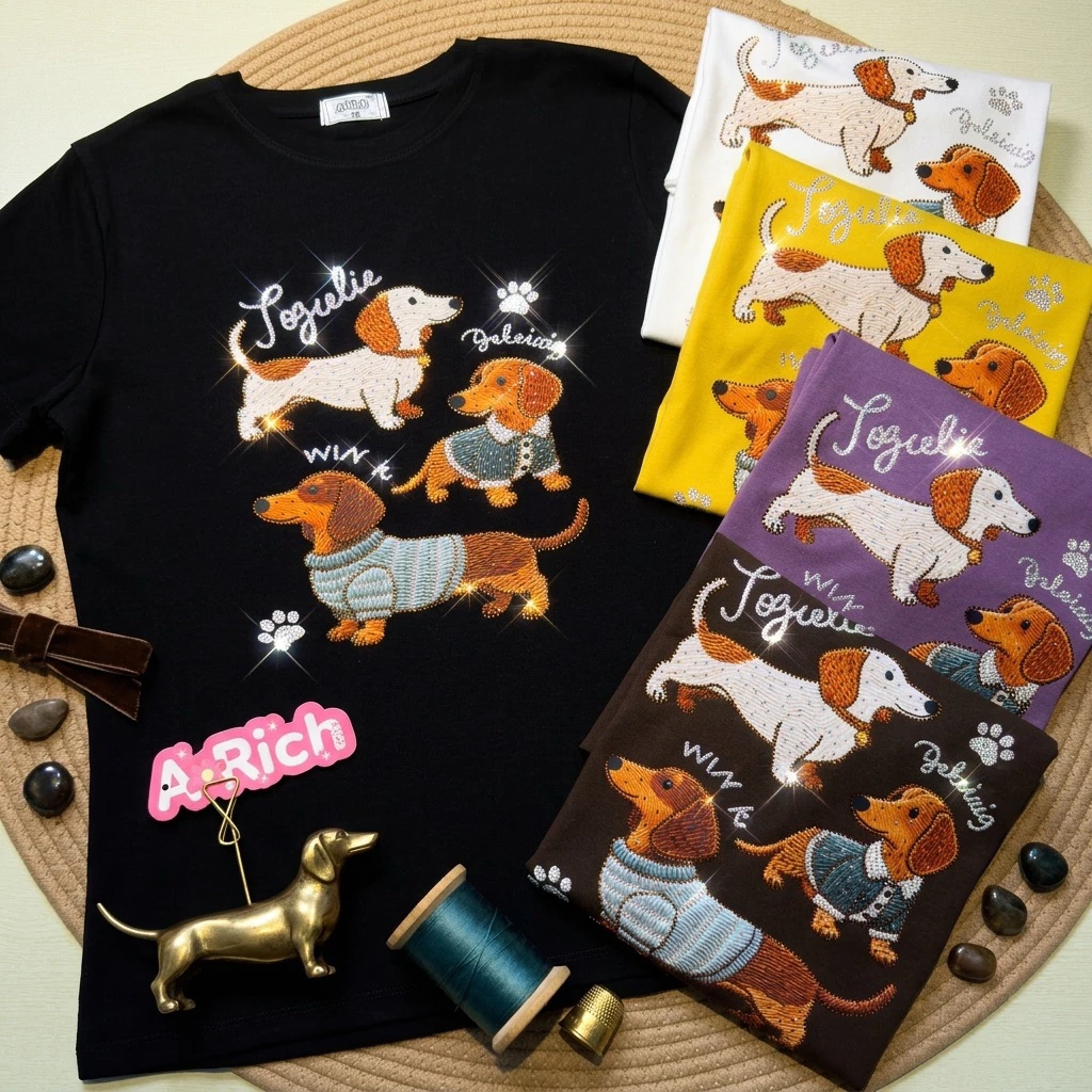 เสื้อยืดสกรีนรีดเพชรลายน้องหมา ผ้ายูนิโคล่ยืดนิ่มเด้ง
