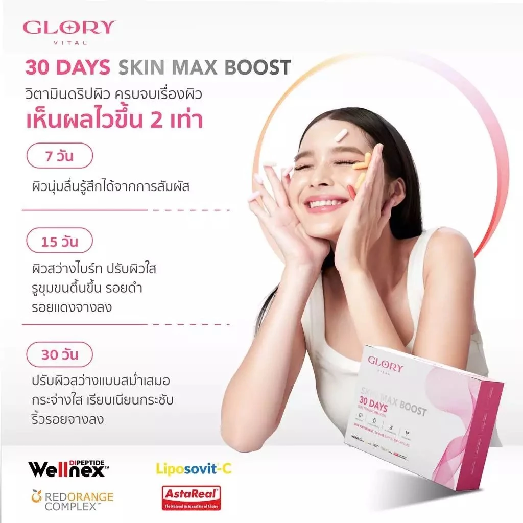 Glory 30DAYS Skin Max Boost วิตามินดริปผิว กลอรี่คอลลาเจน วิตามินซีมะเขือเทศ สารสกัดส้มสีเลือด และแอสต้าแซนธิน thumbnail 3