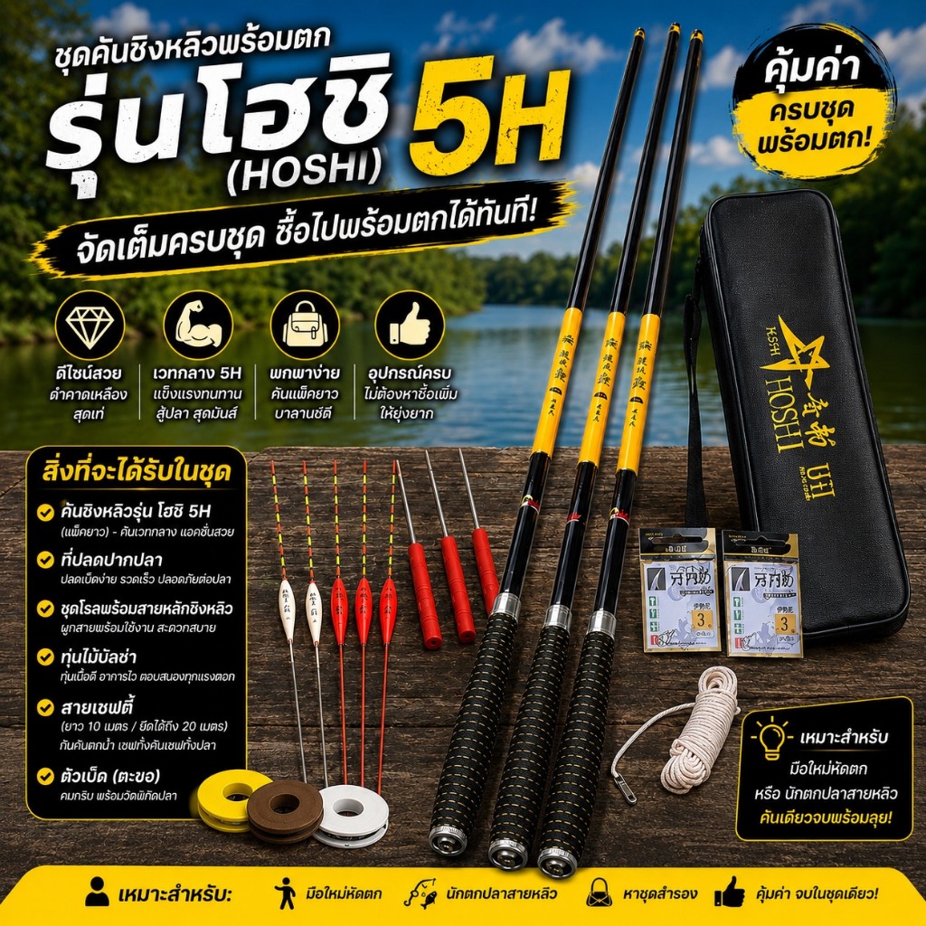 ชุดคันชิงหลิวโฮชิ เลือกระยะคันได้ พร้อมอุปกรณ์ตกปลาครบเซ็ต