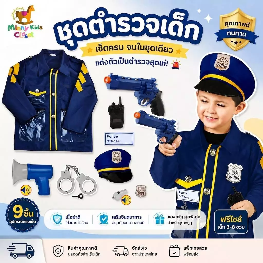 🇹🇭ส่งไวทันที 🇹🇭 ชุดตำรวจเด็ก ชุดอาชีพเด็ก ชุดคอสเพลย์ Police พร้อม เสื้อ หมวก โทรโข่ง กุญแจมือ นกหวีด ชุดสีน้ำเงินเข้ม