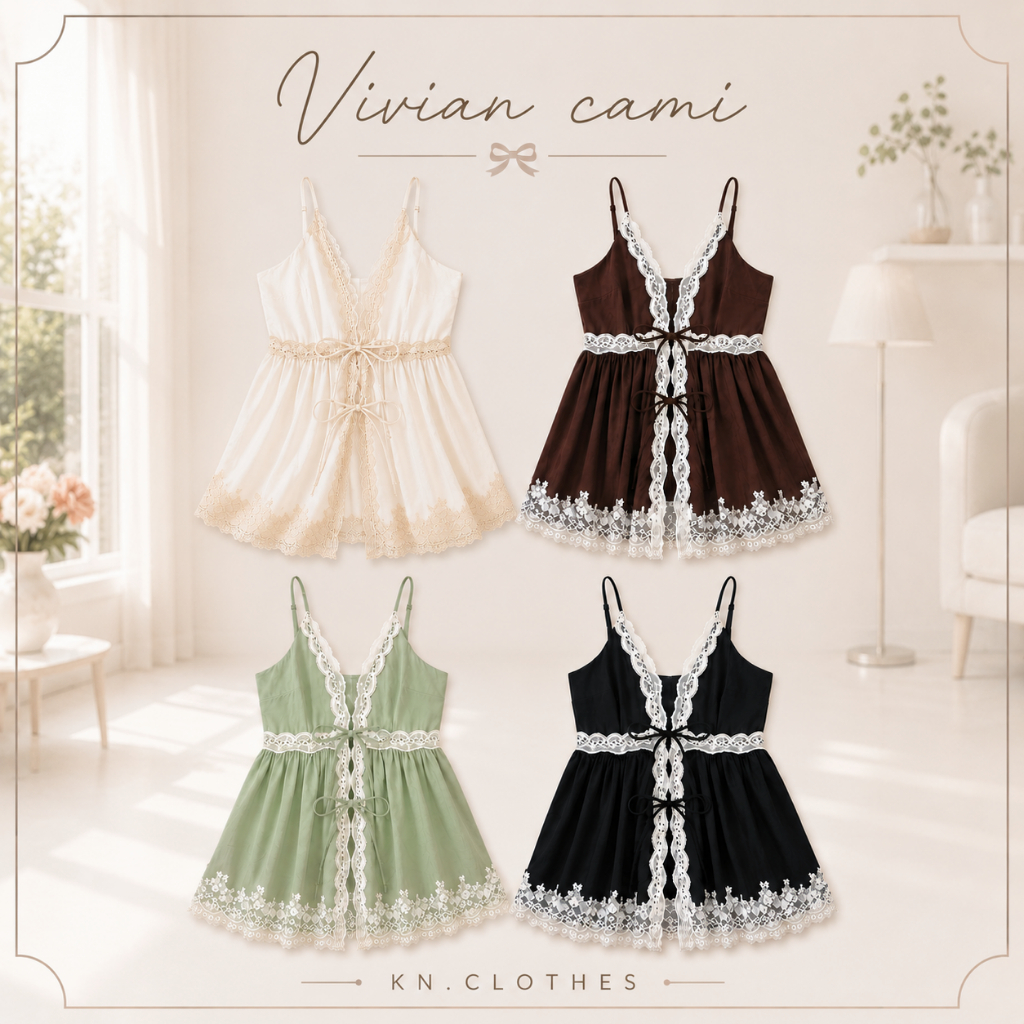 Vivian cami : KN.Clothes เสื้อสายเดี่ยวลูกไม้ เซ็กซี่เบาๆ ผูกโบว์หน้า 2 จุด ลูกไม้นิ่ม เนื้อผ้าทิ้งตัว สายปรับได้