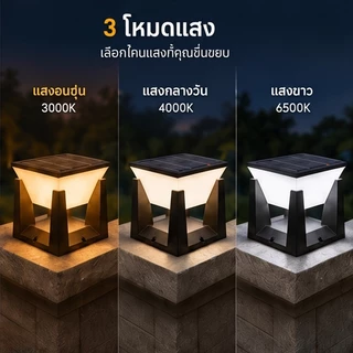 AIMO โคมไฟหัวเสาโซล่าเซลล์ 15000W เปิดได้ 3 แสง สว่างค้าง Outdoor garden light กันน้ำ IP67 เปิดปิดอัตโนมัติ