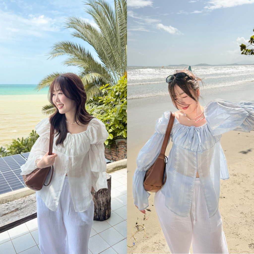 Balloon V.2🐳Chakiya.store❣️เสื้อคอเหลี่ยม มีซับช่วงอก แขนยาวจั้มพองๆ ฟีลชายทะเล