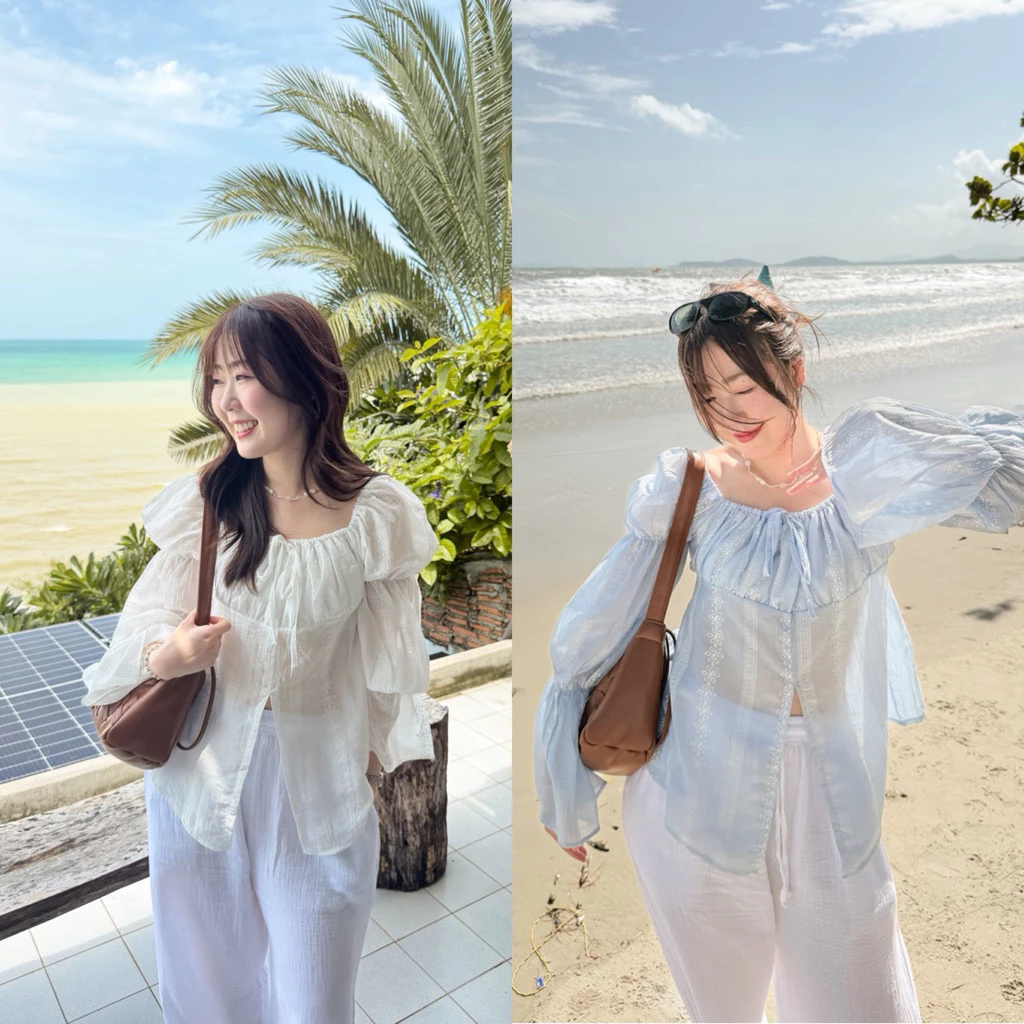 Balloon V.2🐳Chakiya.store❣️เสื้อคอเหลี่ยม มีซับช่วงอก แขนยาวจั้มพองๆ ฟีลชายทะเล