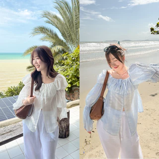 Balloon V.2🐳Chakiya.store❣️เสื้อคอเหลี่ยม มีซับช่วงอก แขนยาวจั้มพองๆ ฟีลชายทะเล