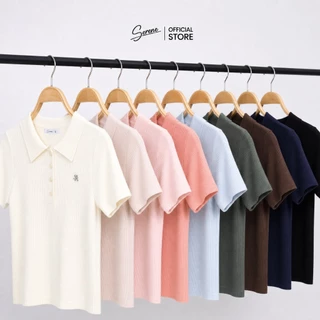 Serene's Choice เสื้อโปโลไหมพรมผู้หญิง คอปก กระดุมหน้า 4 เม็ด แขนสั้น ผ้านุ่ม Polo Knit เสื้อทำงาน มินิมอล