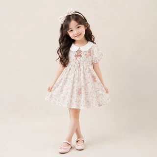 Hania kids พร้อมส่ง เดรสเจ้าหญิงตัวน้อย ลายหมีน้อยดอกไม้ละมุน ดีไซน์คอปกย้อนยุค K5125615