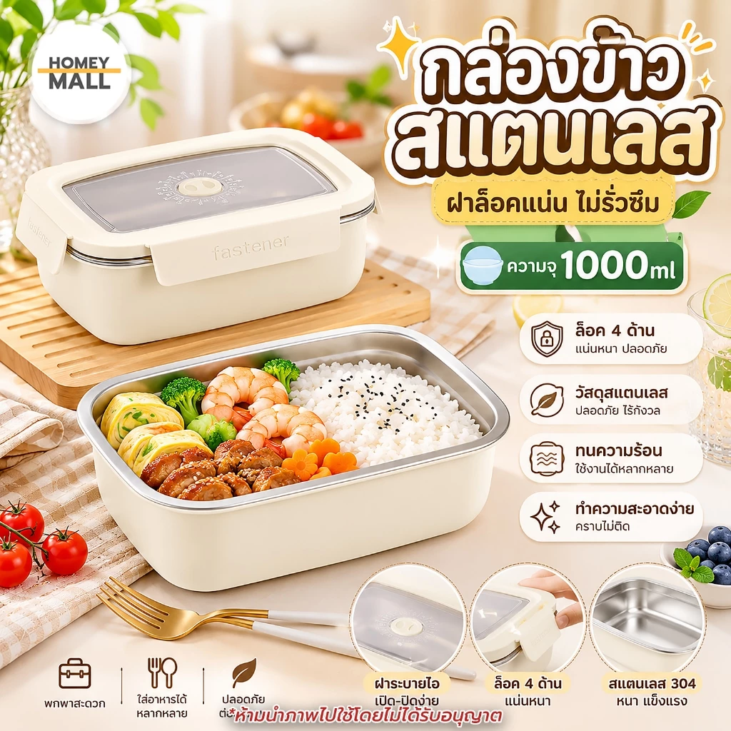 กล่องสแตนเลสฝาล็อค ความจุ1000ml กล่องอาหารกลางวัน พกพาสะดวก เข้าไมโครเวฟได้
