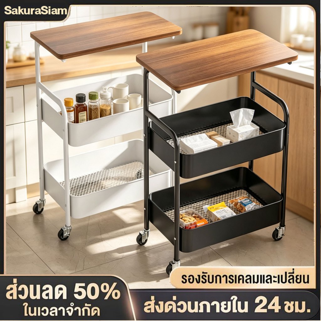 ชั้นวางของรถเข็น 3ชั้น ทำด้วยไม้ พร้อมล้อเลื่อน+ที่จับ แข็งแรงกันสนิม ใช้เป็นโต๊ะกาแฟและโต๊ะข้างเตียง