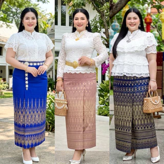 ผ้าถุงลายไทย ผ้ายืดสกินนี่ เอวยืด ทรงป้ายลายแพวา สาวอวบ ผ้าถุงสำเร็จรูป