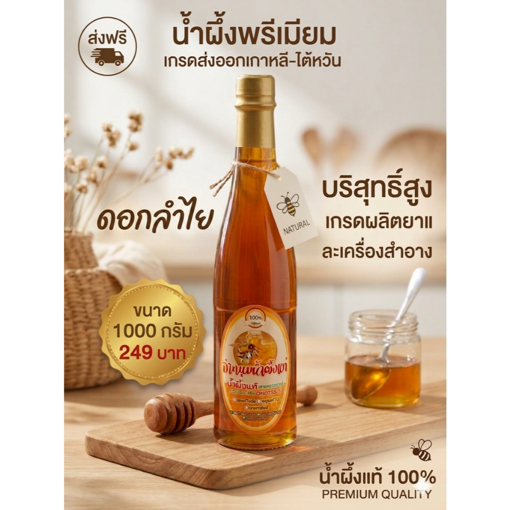 น้ำผึ้งแท้ 100% น้ำผึ้งดอกลำไย เกรดส่งออกเกาหลี จีน ไต้หวัน ชั่งเต็ม 1 กิโลกรัม (750 ml) เกรดทำยา/เครื่องสำอาง ขวด PET