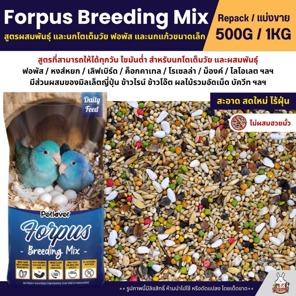 Petlover Forpus Breeding อาหารนกแก้ว ฟอพัส สูตรโตเต็มวัย และเพาะพันธุ์ (แบ่งขาย 500G / 1KG)