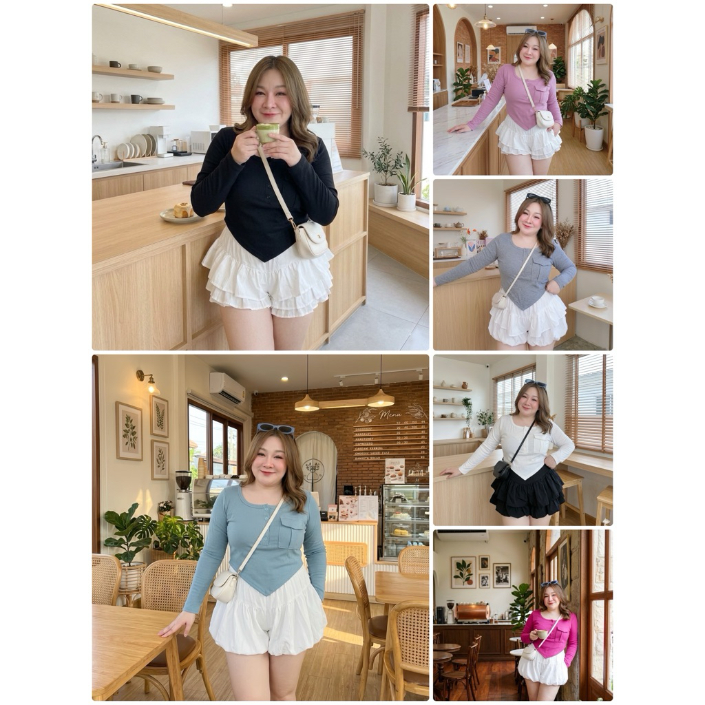 [สาวอวบ]เสื้อยืดแขนยาวกระเป๋าธนูอก38-44 ยาว23  ดีไซต์ชายสามเหลี่ยมพรางหุ่นสุดๆ