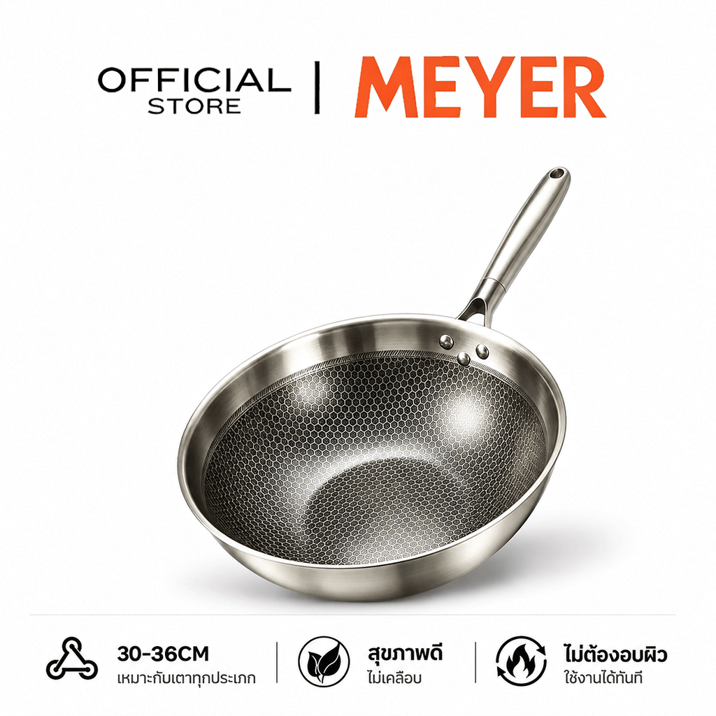 【ขายดี】MEYER 316 Stainless Steel 30/32/34/36cm กระทะสแตนเลส Wok Skillet รับประกัน 5 ปี