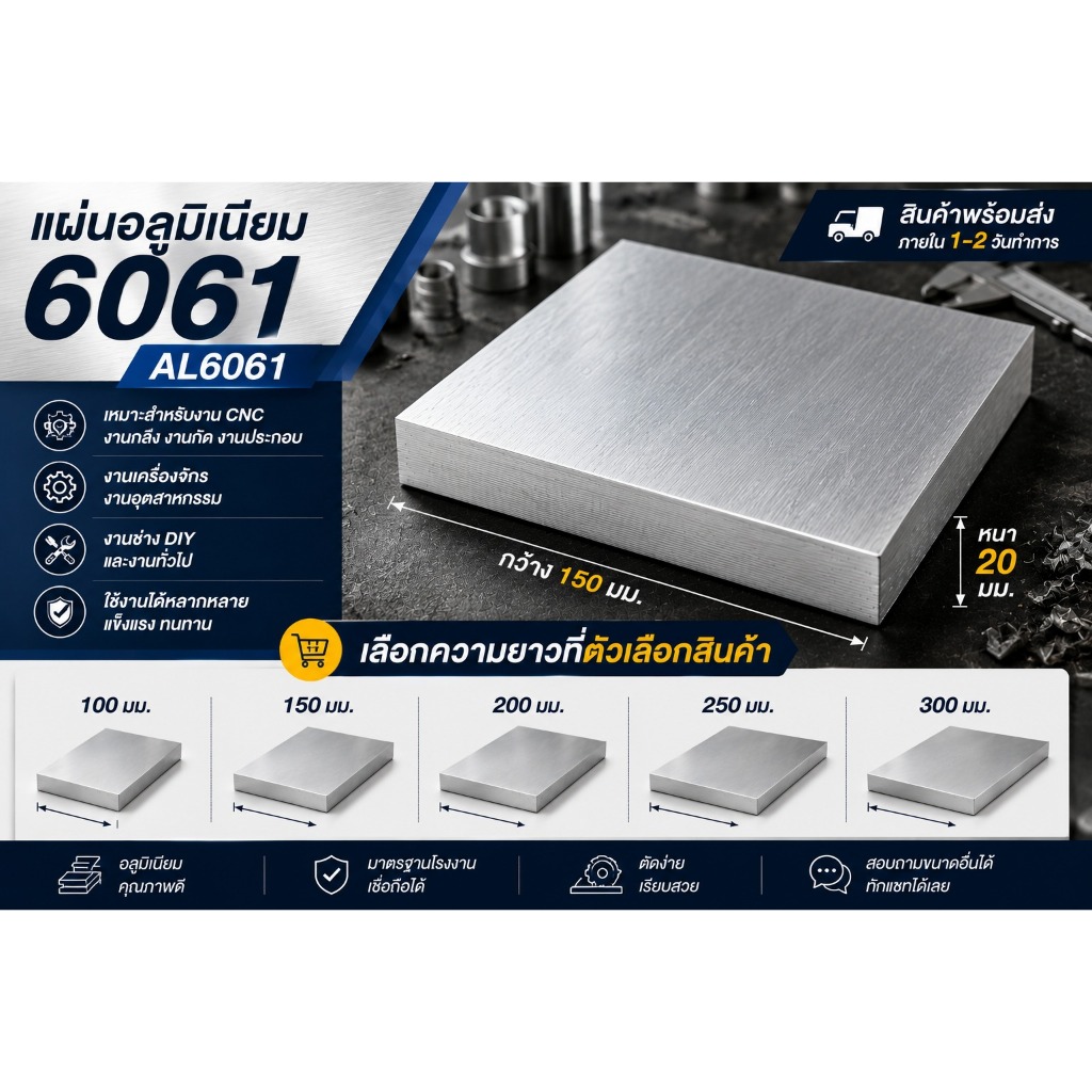 แผ่นอลูมิเนียม 6061 หนา 20 มม. กว้าง 150 มม. AL6061 เลือกความยาวได้