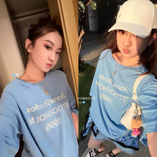 BY IRA (2513)Acne Short Sleeve เสื้อยืดแขนสั้นสไตล์ลำลองพร้อมลายพิมพ์แบบทิสเทสซ์ด