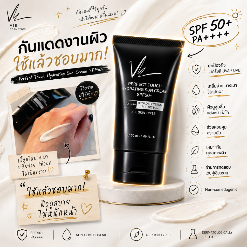 Vie Cosmetics Perfect Touch Hydrating Sun Cream SPF50+, PA++++ 50 ml. ครีมกันแดดเนื้อไฮบริด — صورة 2