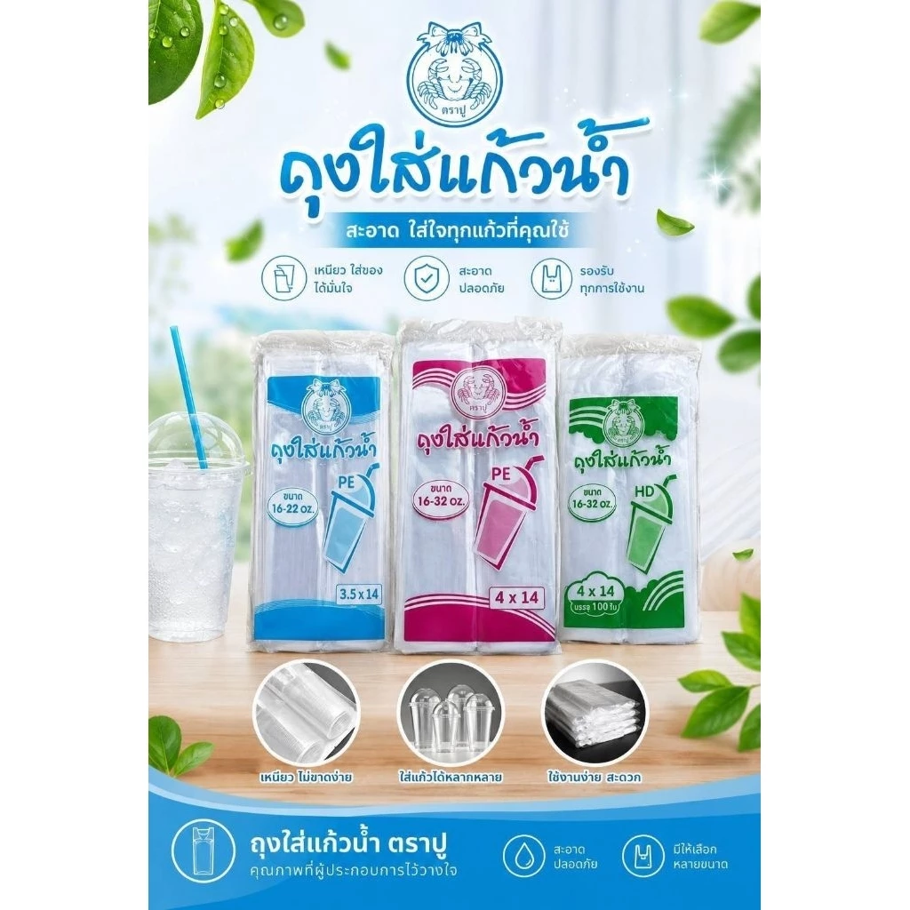 *10ห่อ*ถุงใส่แก้วน้ำเต็มใบ ขนาด16-22/16-32ออนซ์ บรรจุ200กรัม