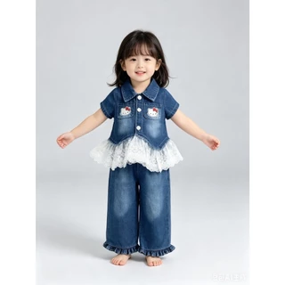 BB357 ชุดเดนิมสีฟ้าเด็กผู้หญิง เสื้อสั้นแขนลูกไม้+กางเกงขากว้าง ชุดของขวัญวันแม่ สำหรับเด็กเล็ก-โต ผ้านุ่มใส่สบายฺฺ