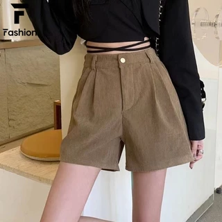 สไตล์เกาหลีมาแรง! กางเกงขาสั้นผ้าลูกฟูก เอวสูง ทรงตรงหลวมๆ ใส่ได้ทุกวัน S-XXL พร้อมส่ง