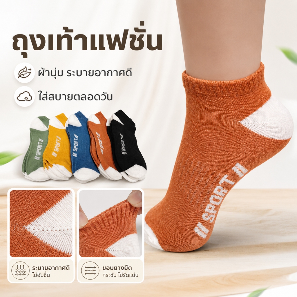 ถุงเท้าแฟชั่น ข้อสั้น สีสวย ผ้านุ่ม ใส่สบาย กระชับเท้า ยืดหยุ่นดี ระบายอากาศ เหมาะสำหรับใส่ลำลอง กีฬา และใส่ทุกวัน