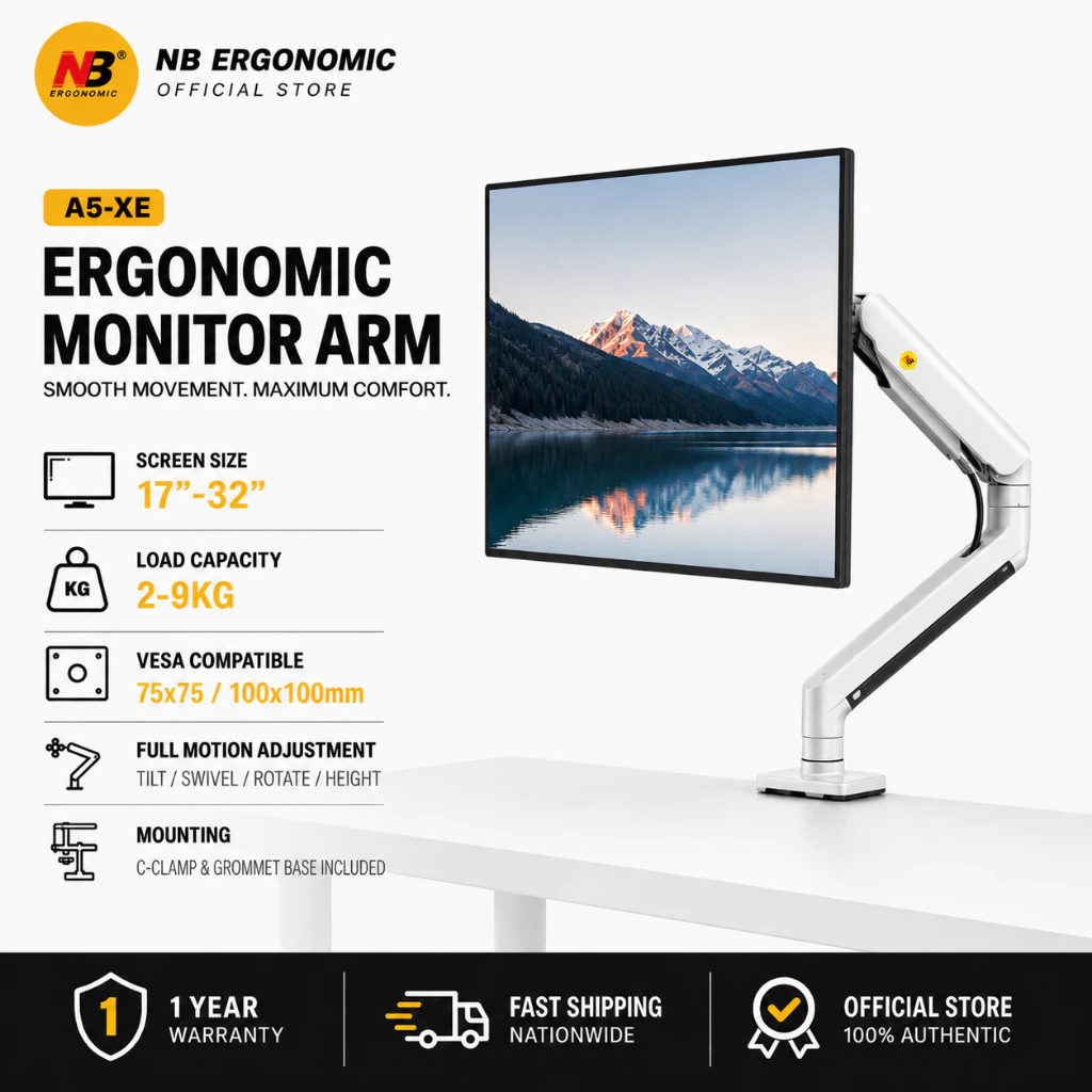 NB Ergonomic A5 Mechanical Spring Monitor Arm 17-32" ขาตั้งจอ สปริง VESA 75/100mm Quick Release รับน้ำหนัก 2-8kg