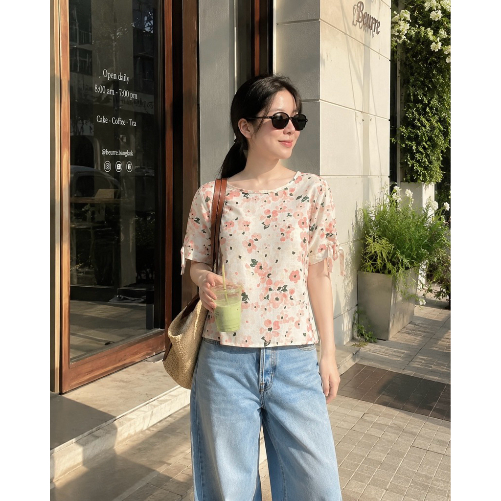 B1เสื้อคอกลมแขนสั้นผูกโบว์ผ้าลินินsilk