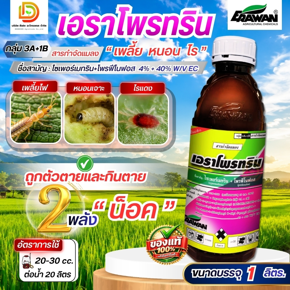 เอราโพรทริน ขนาด 1 ลิตร ไซเพอร์เมทริน+โพรฟีโนฟอส ถูกตัว+กินตาย คุมไข่หนอน หนอน เพลี้ยไฟ เพลี้ยแป้ง ด้วงหมัดผัก #เอราวัณ