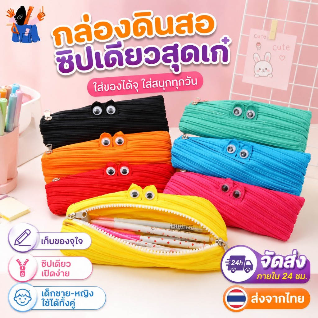 กล่องดินสอดีไซน์เก๋ไก๋ไม่ซ้ำใครพร้อมซิปเดียว เหมาะสำหรับนักเรียนประถมและมัธยมต้น ทั้งเด็กชายและเด็กหญิง