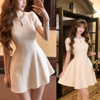 S-4XL【EVIOVIO】พร้อมส่ง🎏เดรสทำงาน คอแต่งขอบเงิน ทรง A-Line ซิปหลัง แขนพอง เดรสทำงาน ออกงาน เรียบหรู ดูแพง เดรสงานบุญ🛒