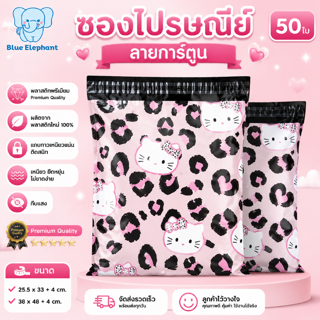 Blue Elephant ซองพัสดุ(50ใบ) พิมพ์สีลายkt เสือดาว  กันน้ำ ซองหนา เหนียว ใช้งานสะดวก