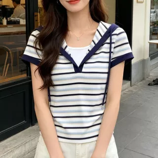เสื้อฮู้ดแขนสั้นผู้หญิงลายทางสีสันสดใส สไตล์ใหม่ฤดูร้อนปี 2026 ลำลองและใช้งานได้หลากหลาย