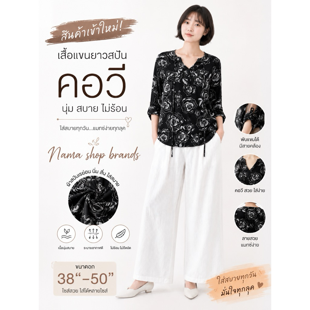 Nana shop 18801เสื้อสตรีผ้าสปัน ลายกุหลาบ คอวี มีหลายขนาด