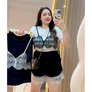 🎀SETเสื้อยืดแต่งดีเทลลุกไม้+กางเกงขาสั้น(พ7+ท14)🎀#สาวอวบ