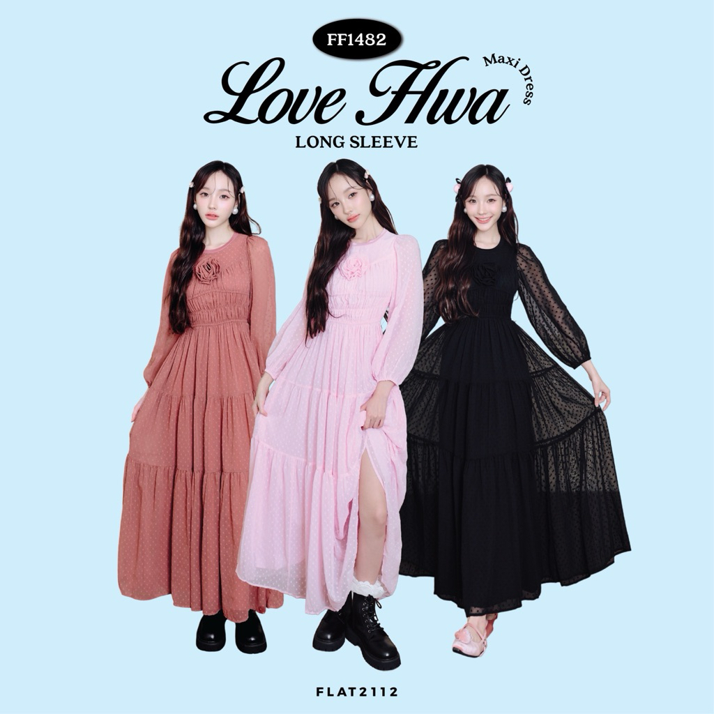 FLAT2112 :  LOVE HWA MAXI DRESS (LONG SLEEVES) เดรสยาวแต่งดอกกุหลาบ เดรสคุณหนู เดรสเกาหลี ให้ลุคคุณหนู (FF1482)