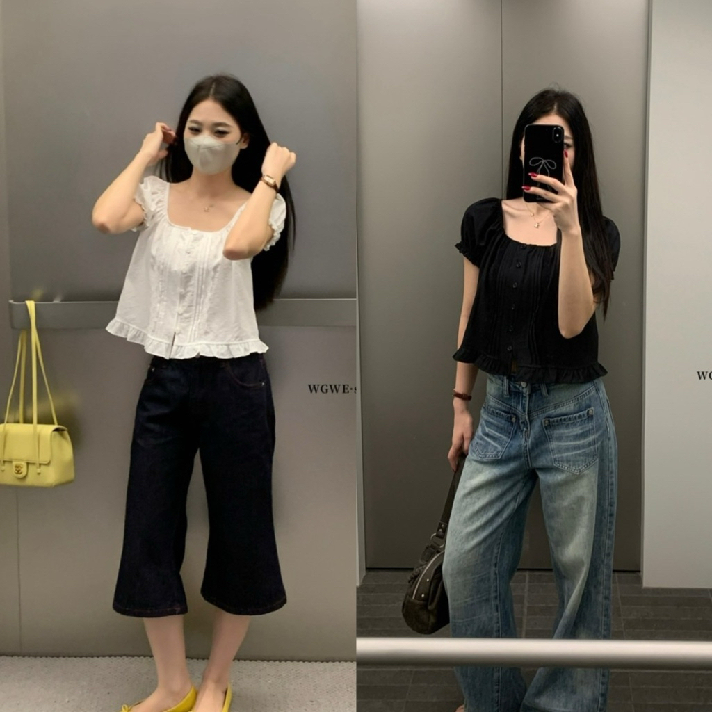 พร้อมส่ง 10433# เสื้อคอเหลี่ยม แขนตุ๊กตา งานกระดุมหน้า จะใส่เป็นเปิดไหล่ก็ดู sexy เนื้อผ้าดี งานสวย TAG:WG.WE