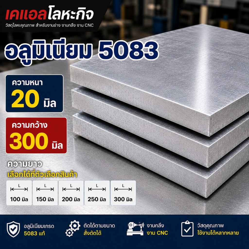 แผ่นอลูมิเนียม 5083 หนา 20 มม. กว้าง 300 มม. AL5083 เลือกความยาวได้