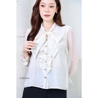 Cheryl brand - Elodie Ruffle Bow Blouse in Ivory & Black / เสื้อแขนยาวผ้าชีฟอง