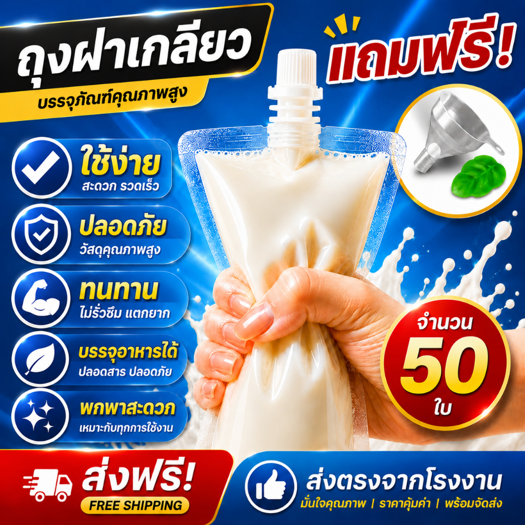 ถุงพลาสติกใส ฝาเกลียว ตั้งได้ แพ็ค 50 ใบ ถุงฝาเกลียว ก้นตั้งได้ ถุงใส่น้ำ แถมฟรี กรวยกรอก + ที่ปิดฝา