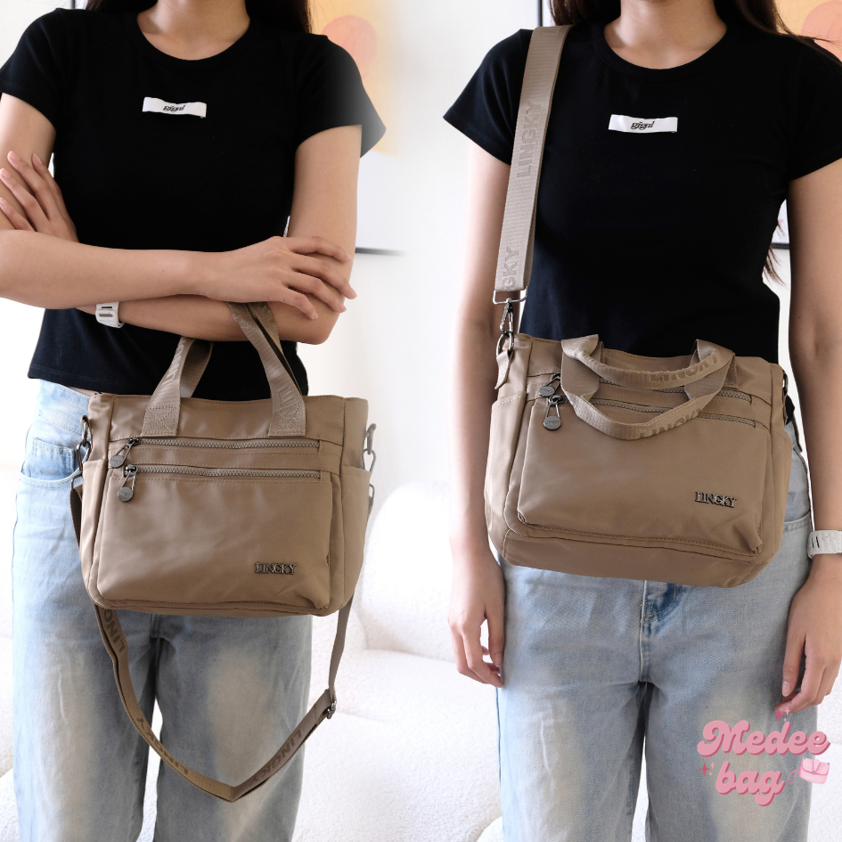 Lingky กระเป๋าทรงถือ+สะพาย ผ้าไนล่อนอย่างดี 4 ซิป+2ช่องด้านข้าง ขนาดกะทัดรัด 10 นิ้ว ดีไซน์ฟังก์ชันครบ | รุ่น CH4035