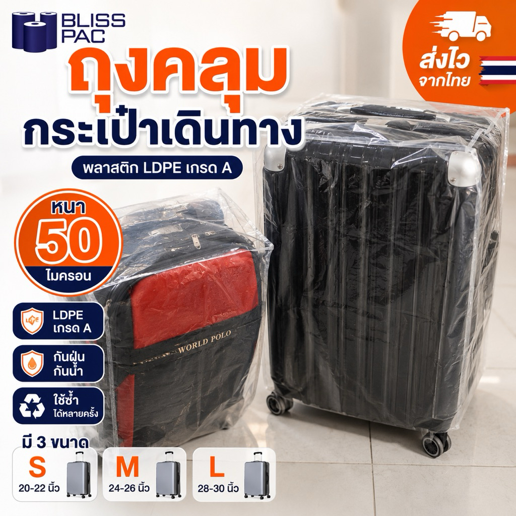 ถุงคลุมกระเป๋าเดินทาง พลาสติกคลุมกระเป๋าเดินทาง หนา 50 ไมครอน มียางยืดรัดปลายถุง