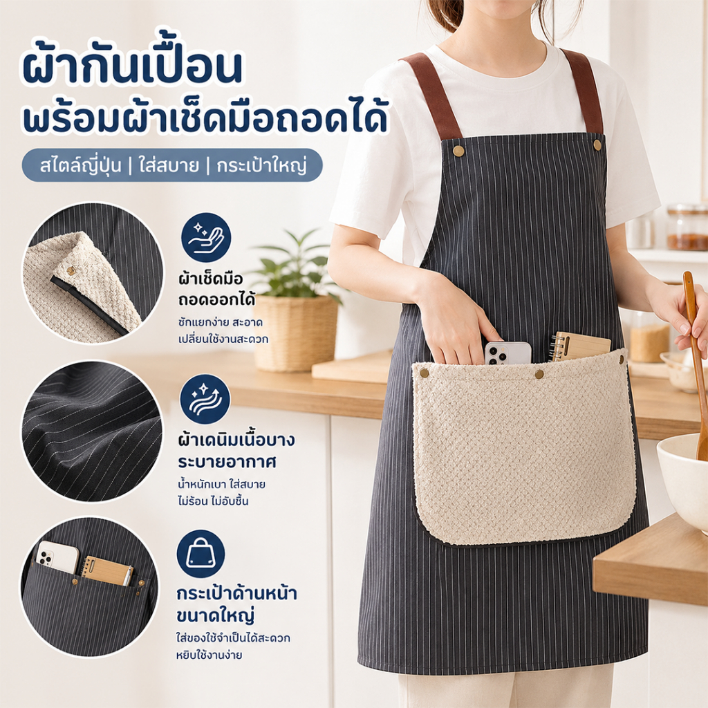 ผ้ากันเปื้อนพร้อมผ้าเช็ดมือถอดได้ สไตล์ญี่ปุ่น ผ้าเดนิมบาง ระบายอากาศ กระเป๋าใหญ่ สำหรับทำอาหาร ร้านกาแฟ และงานครัว