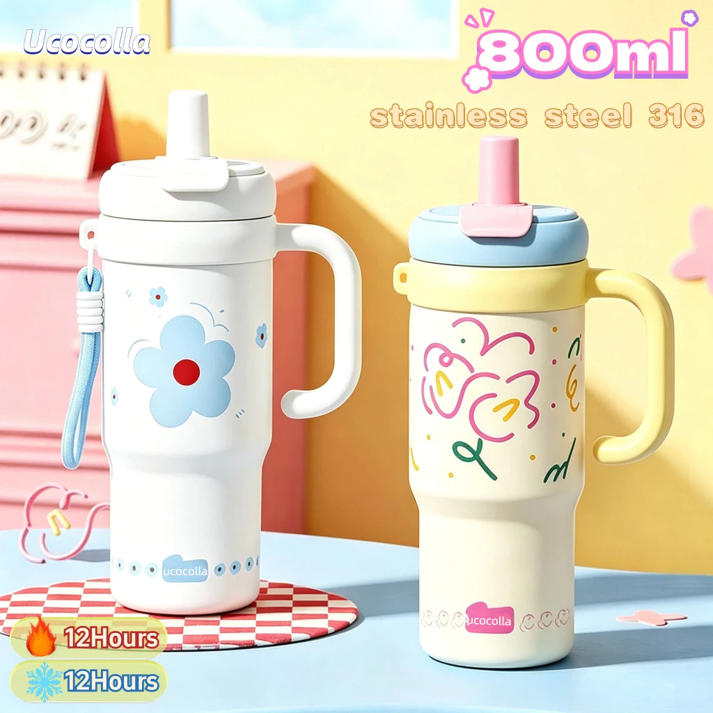 Ucocolla 800ml แก้วสแตนเลส 316 แก้วน้ําสแตนเลสฟางความจุขนาดใหญ่สูญญากาศฉนวนถ้วยติดรถยนต์