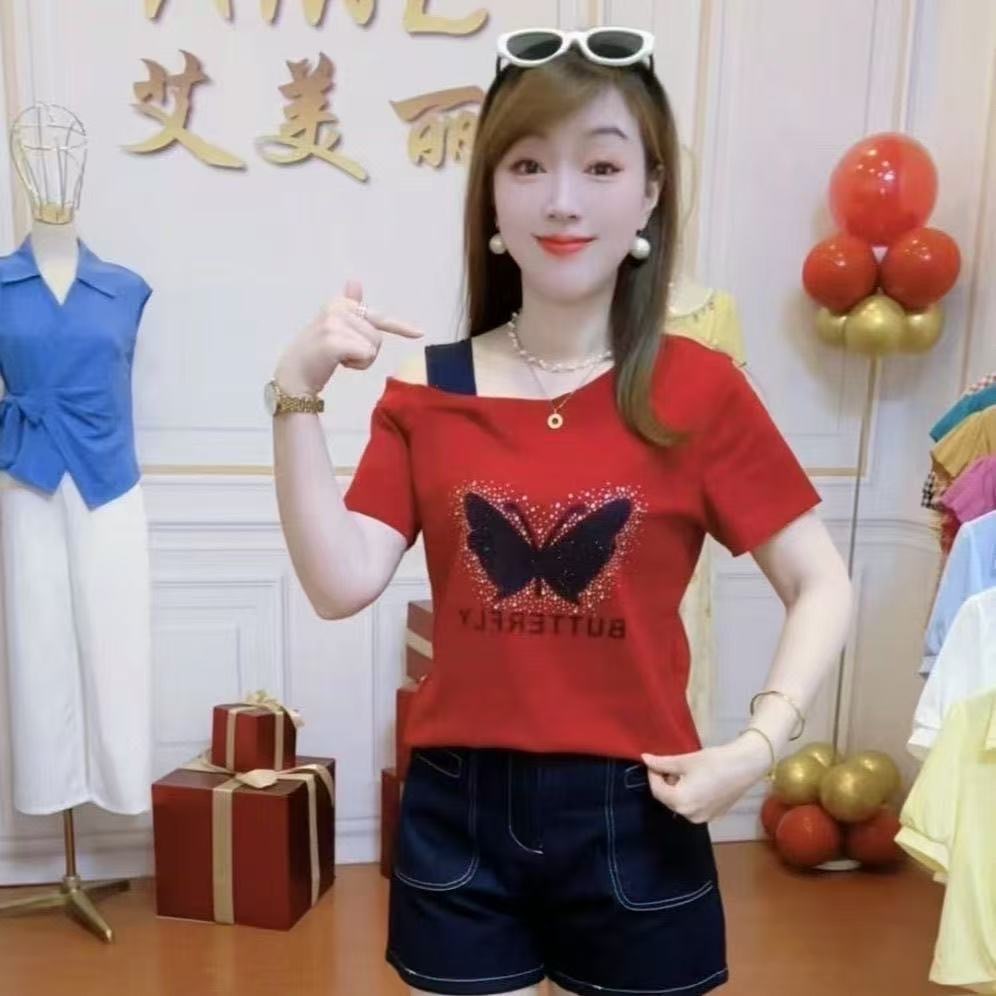 เสื้อยืดแขนสั้นเปิดไหล่ดีไซน์เก๋สำหรับผู้หญิง รูปที่ 7