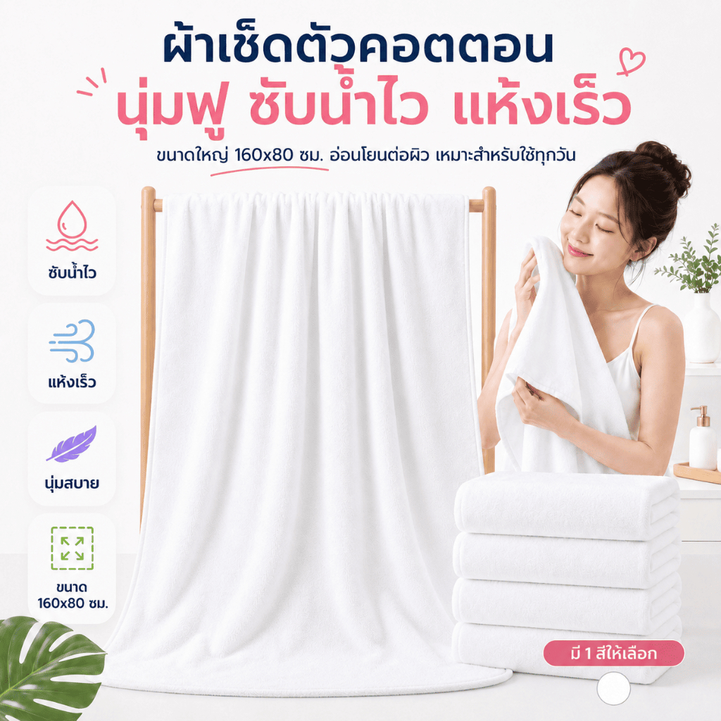 YJM-05【600กรัม ขนาด 160x80 ซม】ผ้าเช็ดตัว ผ้าขนหนู เกรดโรงแรม5ดาว สินค้าพรีเมี่ยม Cotton 100%