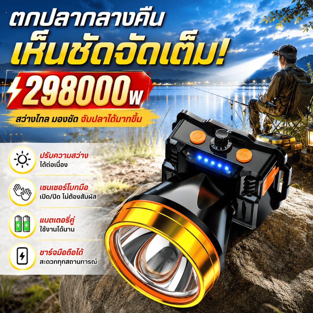 ​ปุ่มหมุนปรับแสงไร้ขีด ไฟฉายคาดหัวแท้LEDไฟคาดหัวแรงสูง หมุนได้90°แบตอึด กันน้ำ ไฟส่องกบ สว่างมาก ไฟสายคาดหัว ไฟฉานคาดหัว