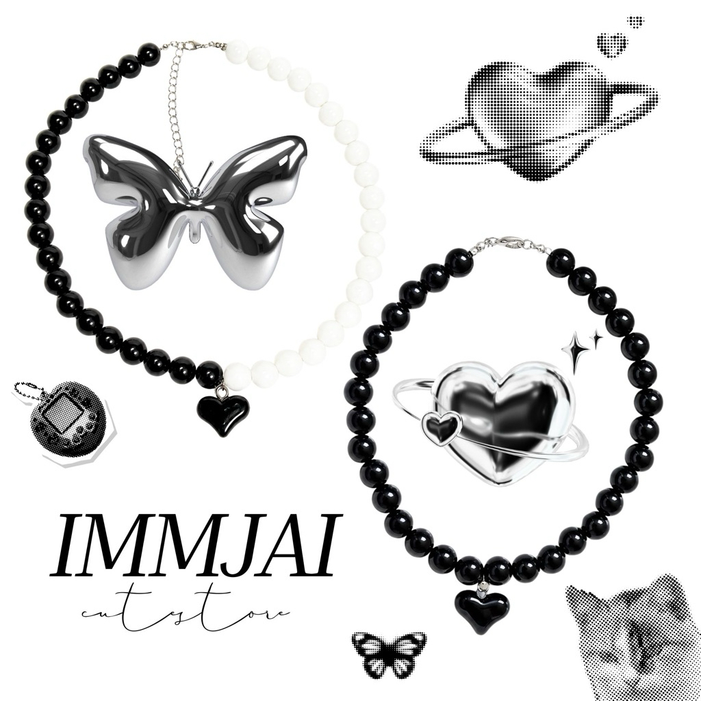 Obsidian Love Heart Bead Necklace | สร้อยลูกปัดจี้หัวใจ สไตล์เกาหลี Coquette